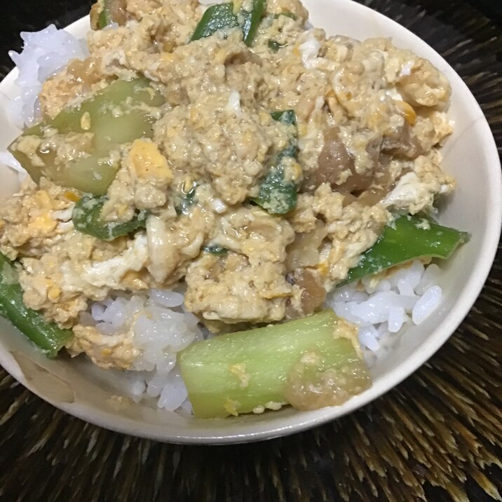 玉子そぼろと卵とじの間ぐらいのタヌキ丼。